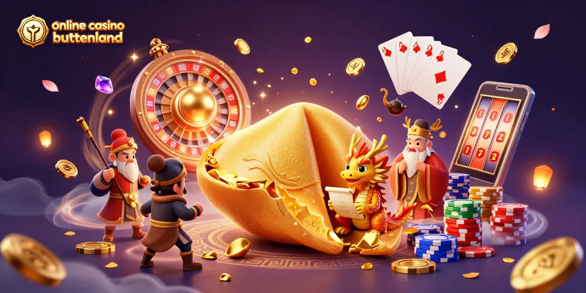 Win big at online casino buitenland with a 3D scene of a golden fortune cookie and vibrant casino elements.