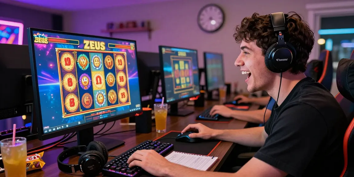 Player celebrating a win on zeus slot, colorful animations and gaming setup enhancing excitement.