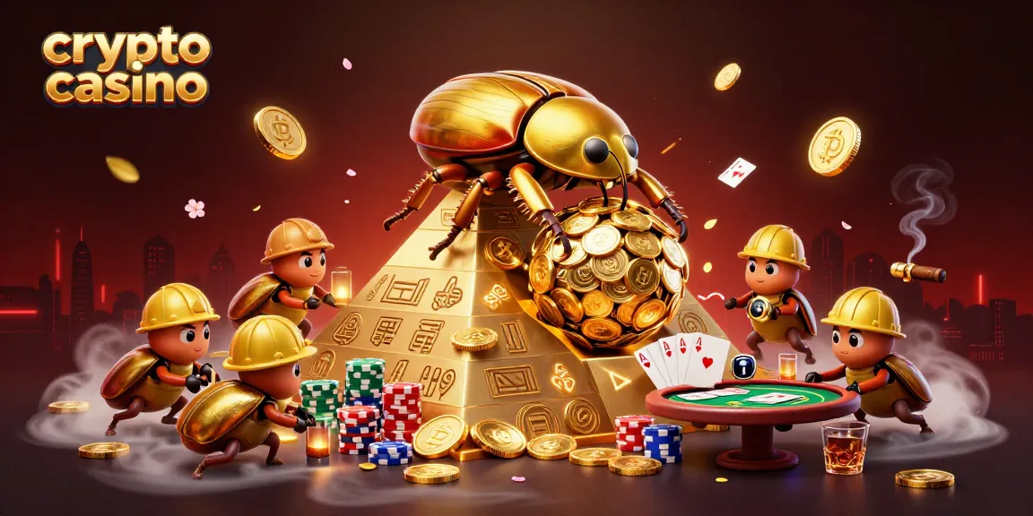 Illustration d'un casino crypto avec un scarabée doré et des pièces de monnaie, symboles de jeu, et lumière ornée.