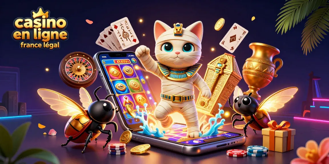 Visualisez un casino en ligne France légal avec des éléments captivants comme un chat momifié et des jeux de cartes.