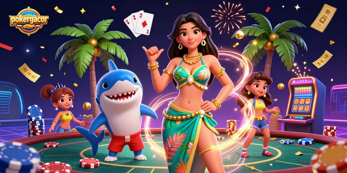Engage with pokergacor at a vibrant poker scene featuring a glamorous woman and a cartoon shark.