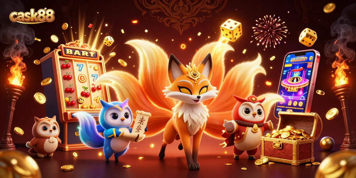Cask88's vibrant gaming scene showcases a mystical fox spirit and owl amidst a jackpot explosion.