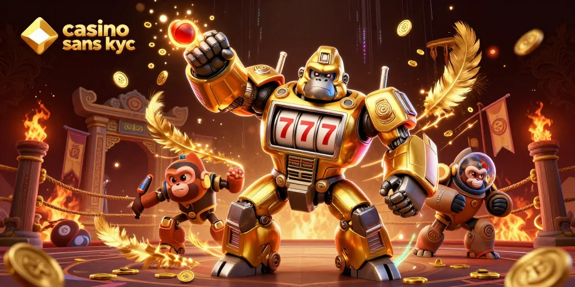 Jouez au casino sans KYC avec des machines à sous interactives et un gorille mécha en action.