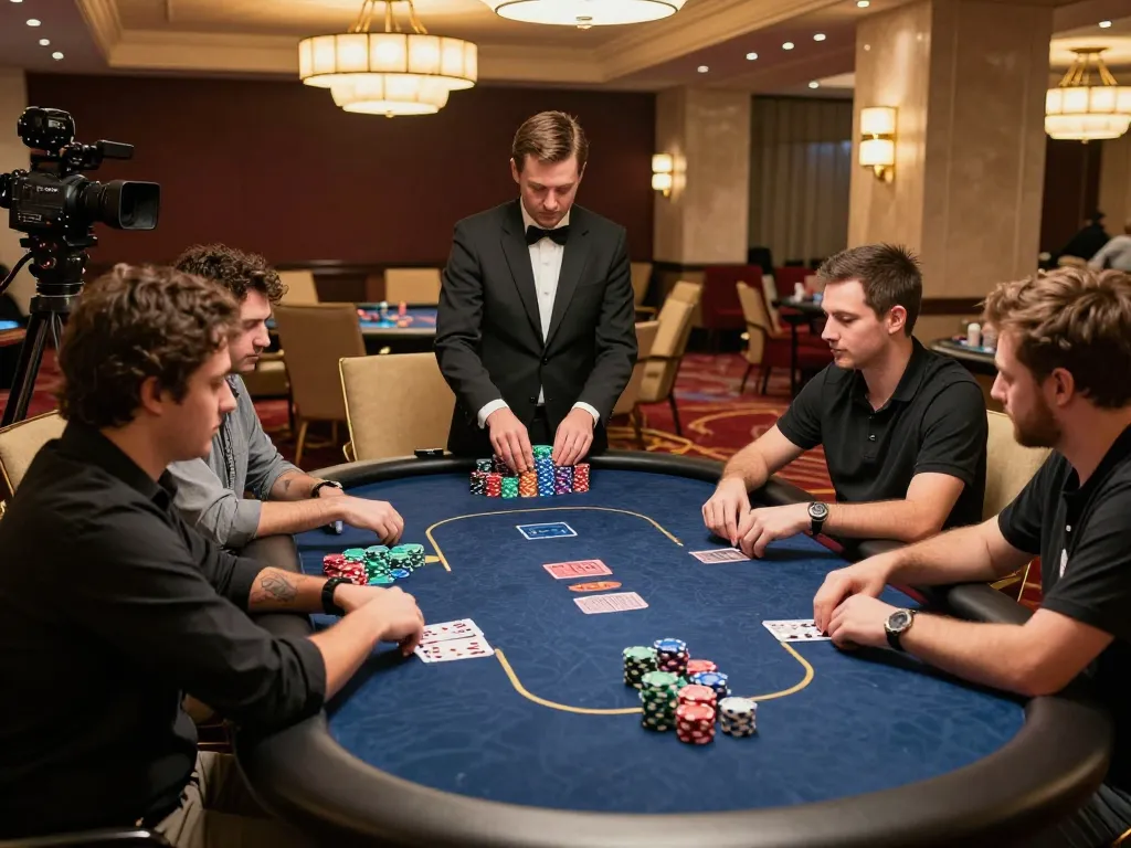 Alo8 players engaging in strategic poker at an upscale casino table, chips stacked and dealer managing cards.