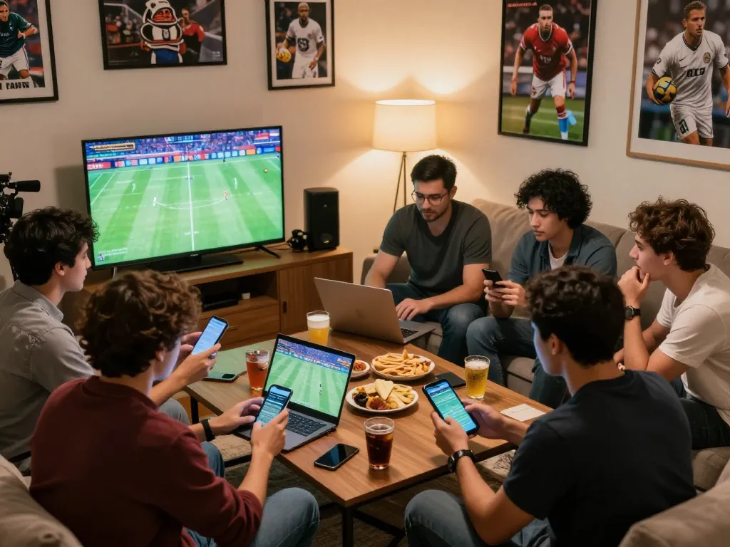Friends placing bets on their smartphones while enjoying a game night at home with 98win.