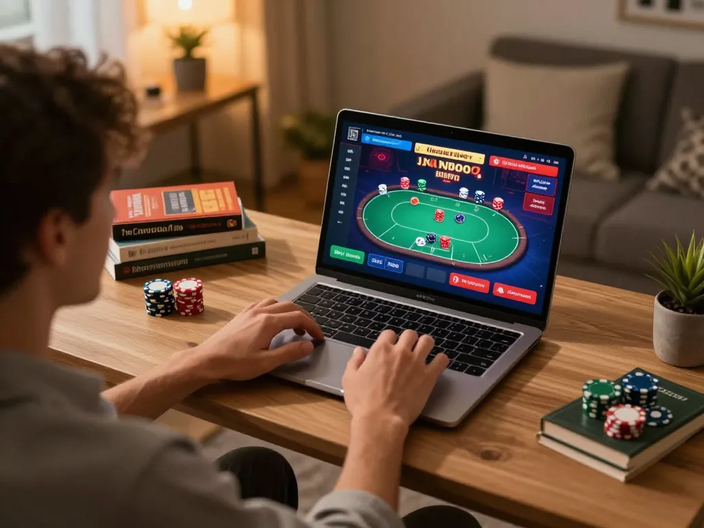 Playing poker online on ALO8, enjoying a cozy home setup with strategy notes visible.