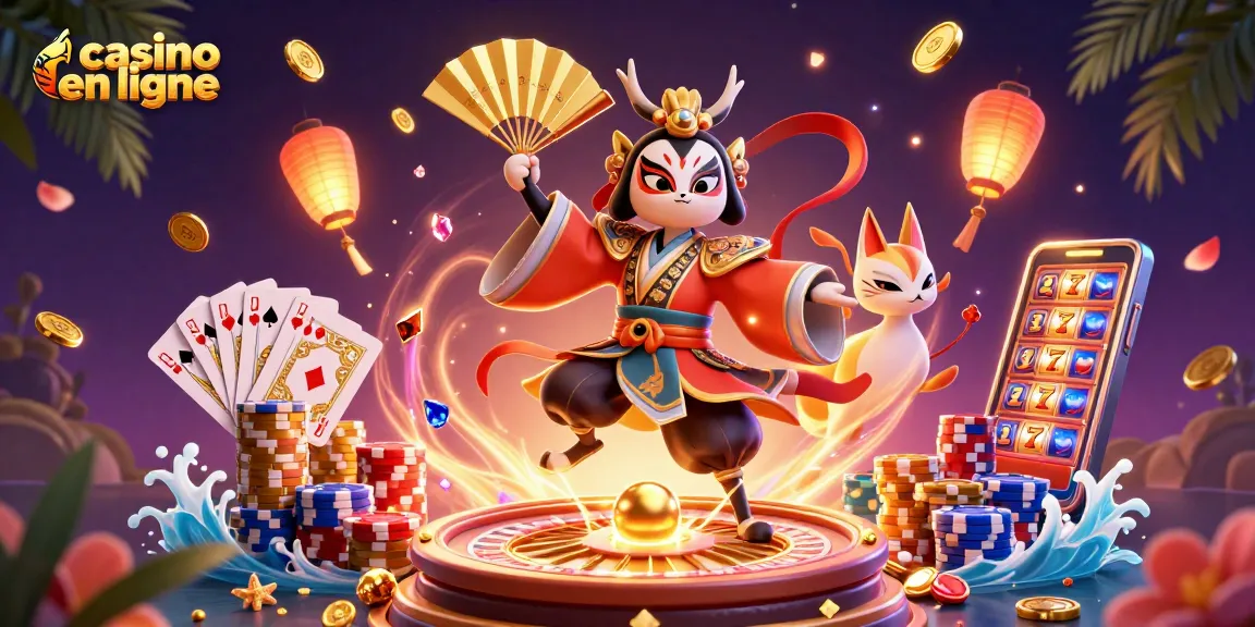 Vivez l'excitation du casino en ligne avec une illustration captivante de guerriers et de jeux