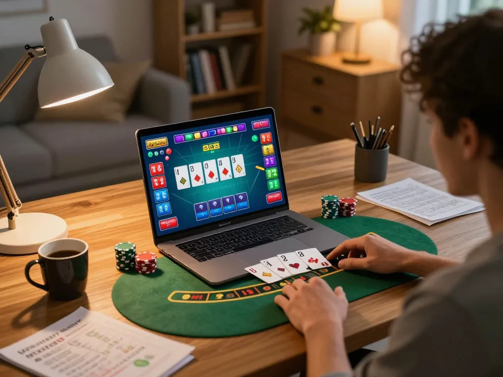 Engaging in blackjack at home on 68gamebaivn, showcasing colorful game interface and strategy notes.