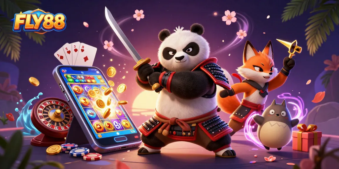FLY88 samurai panda and ninja fox engage in thrilling slot gaming, showcasing cinematic quality.