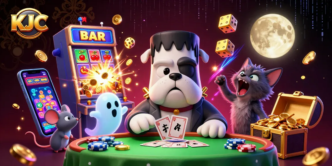 KJC showcases a thrilling casino atmosphere with a bulldog monster dealing cards amidst stunning visual effects and slot machine elements.