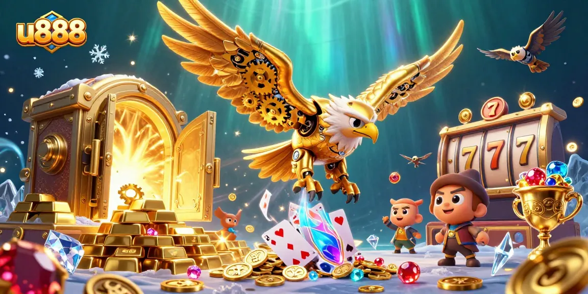 An engaging illustration of u888's vibrant casino scene packed with winning slot symbols and holographic playing cards.