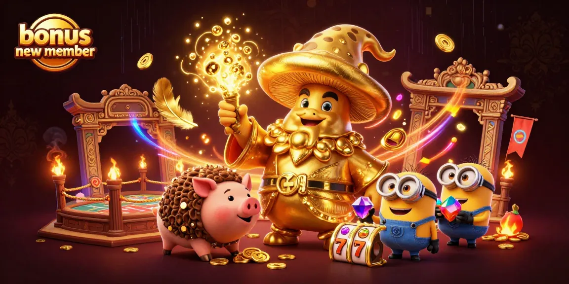 Experience the thrill of a bonus new member with this vibrant illustration featuring gold and treasure-themed casino elements.