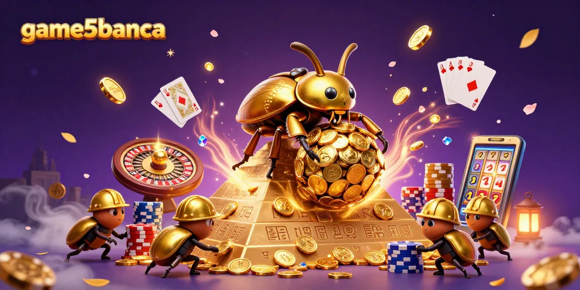 game5banca showcases vibrant dining tables with golden beetles rolling coin balls, immersed in casino excitement.