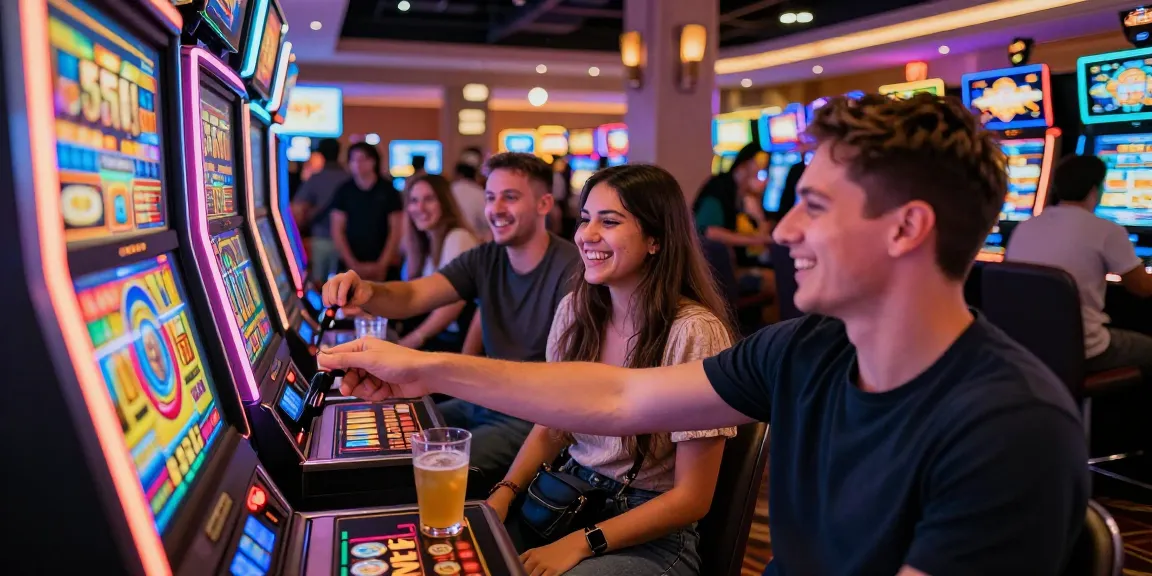 Exciting moment at a casino with players enjoying a slot 5k machine surrounded by vibrant lights.