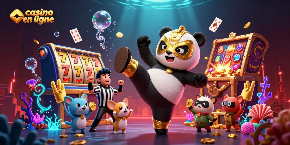 Action dynamique au casino en ligne avec un panda lutteur et des spectateurs enthousiastes