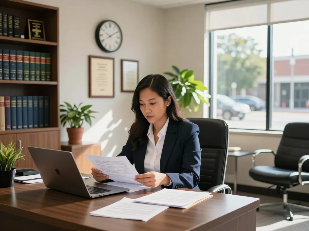 Orlando Personal Injury Lawyer reviewing case files in a professional law office, showcasing dedication to client care.