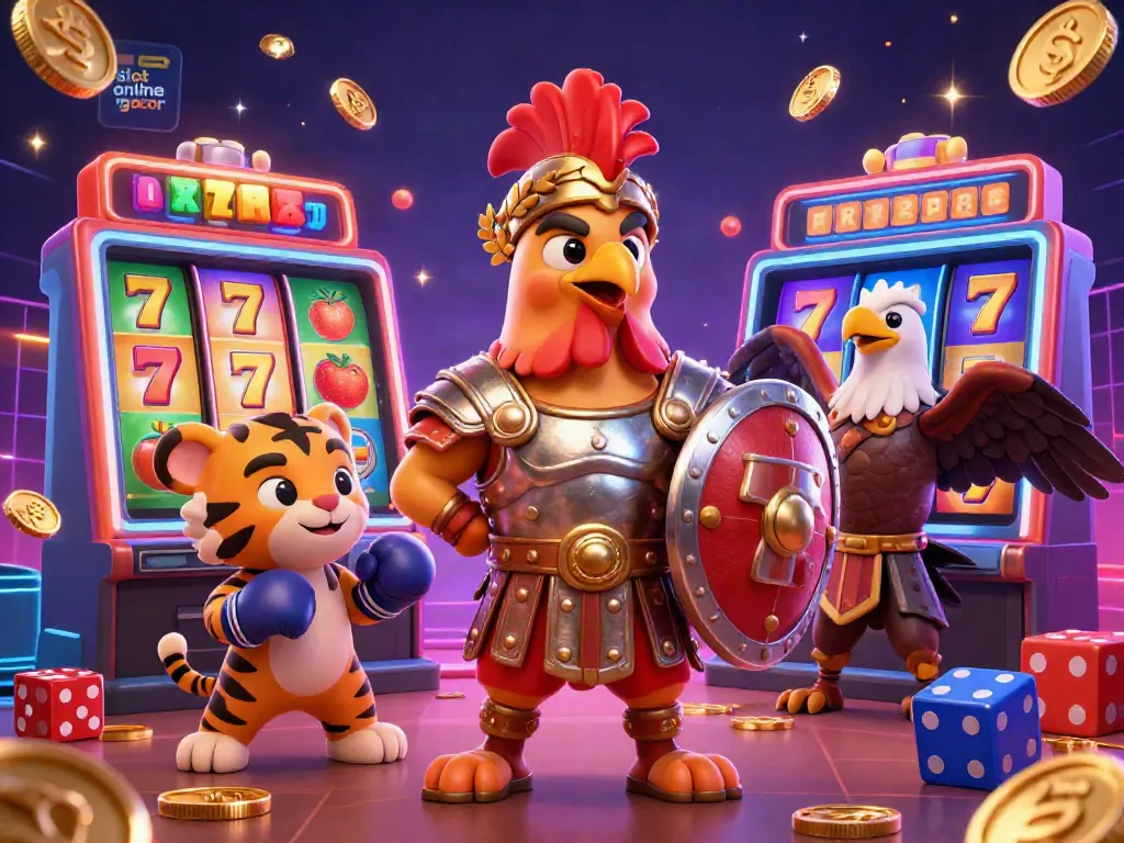 Experience excitement with slot online gacor in a vivid casino featuring a gladiator rooster and dynamic slot symbols.