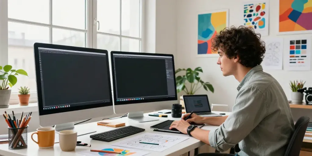 Designer creating digital art using an online AI art generator in a vibrant studio.