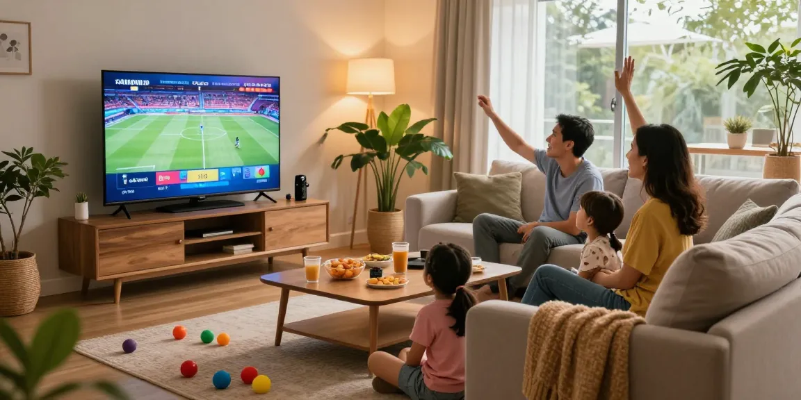 Family enjoying IPTV streaming together in a cozy living room with vibrant sports channels on TV.