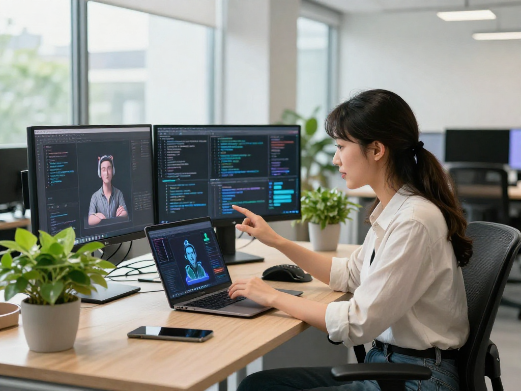 AI gf interaction in a modern tech workspace with vibrant elements.