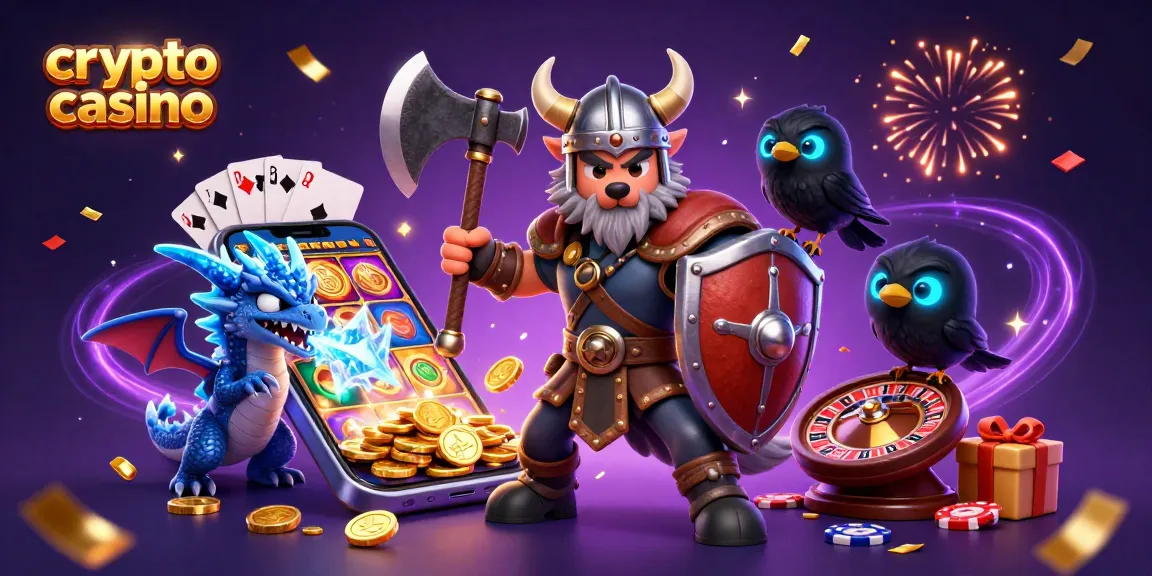 Visuel captivant du casino crypto avec un guerrier loup viking, un dragon et des éléments de jeu dynamique.