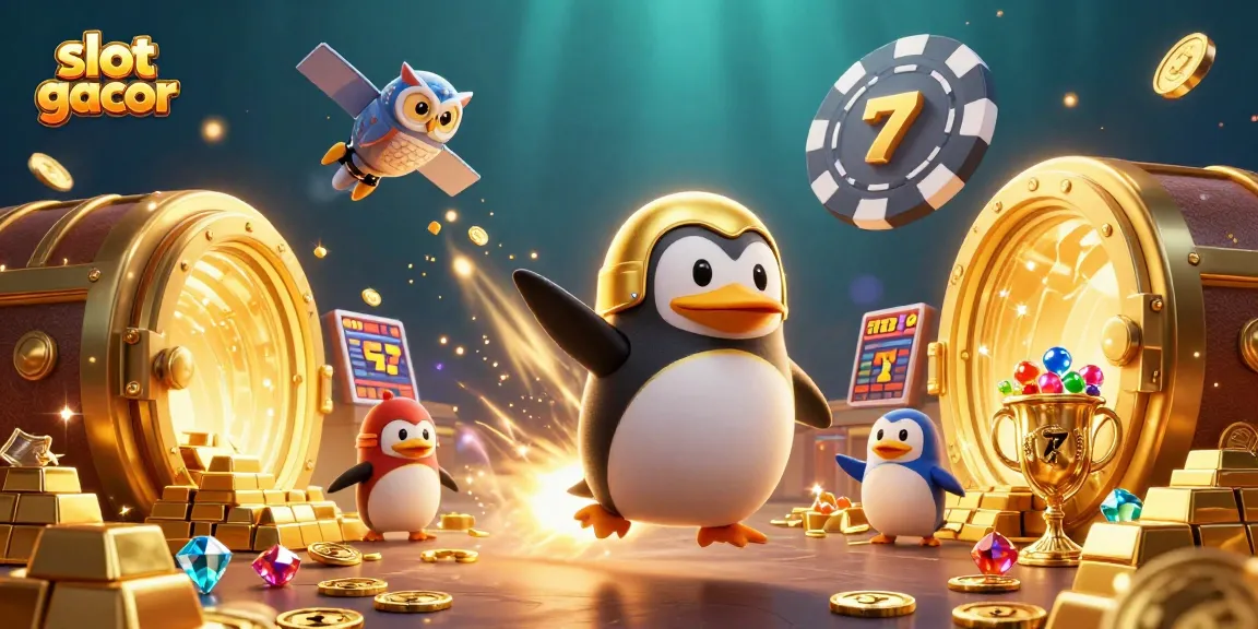 Saksikan slot gacor dengan penguin emas yang meluncur dalam ilustrasi 3D penuh gemerlap.
