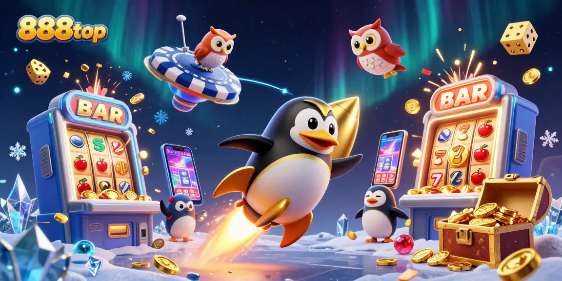 Experience the thrilling world of 888top with a vibrant illustration of a golden penguin soaring through a casino galaxy.
