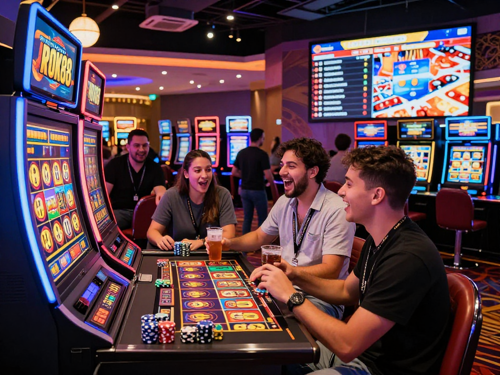 Excited friends celebrating a win at the rokok88 slot machine in a vibrant casino.