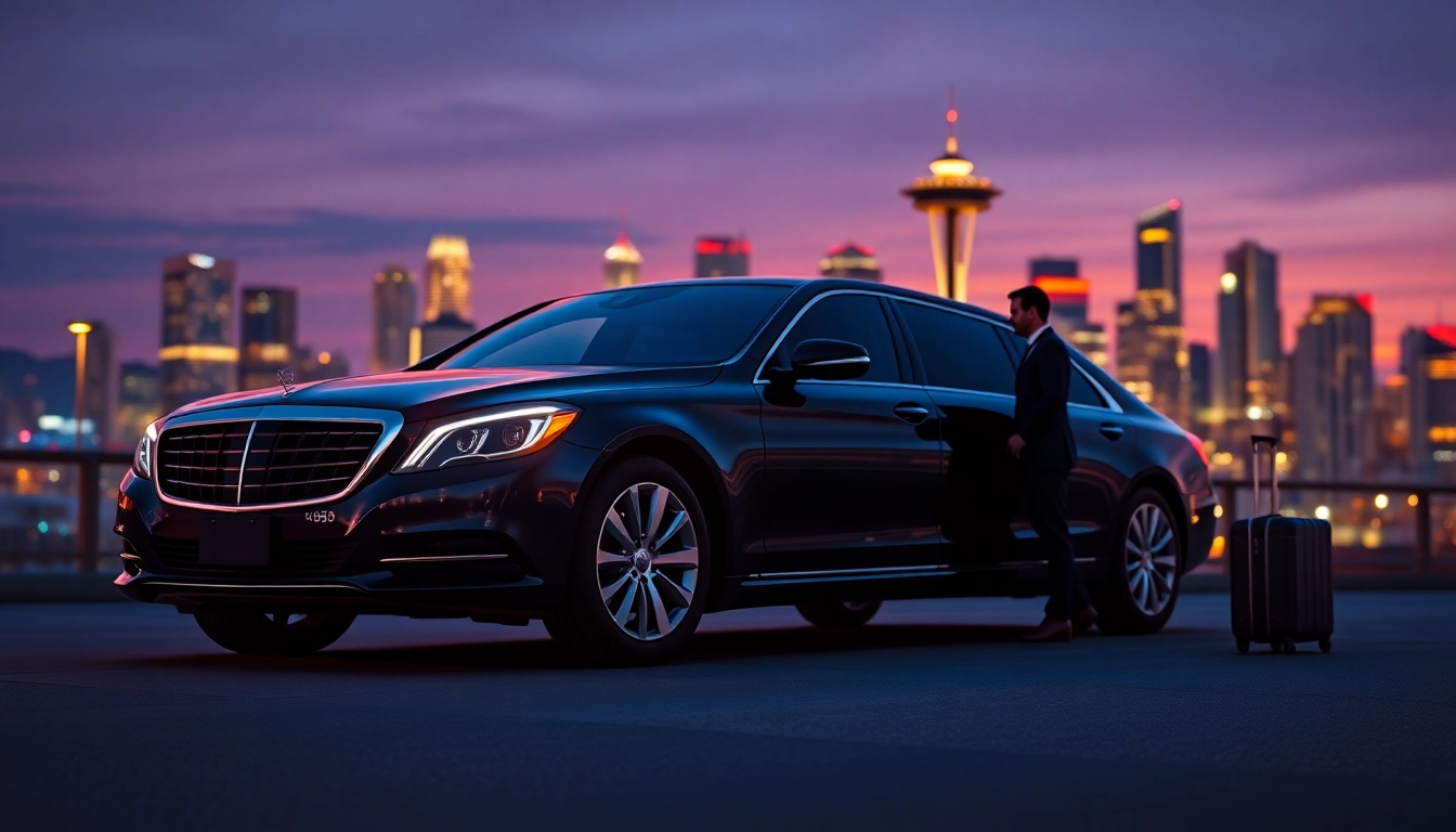 Luxurious limo service vancouver to seattle ready for travelers against a beautiful Seattle skyline.