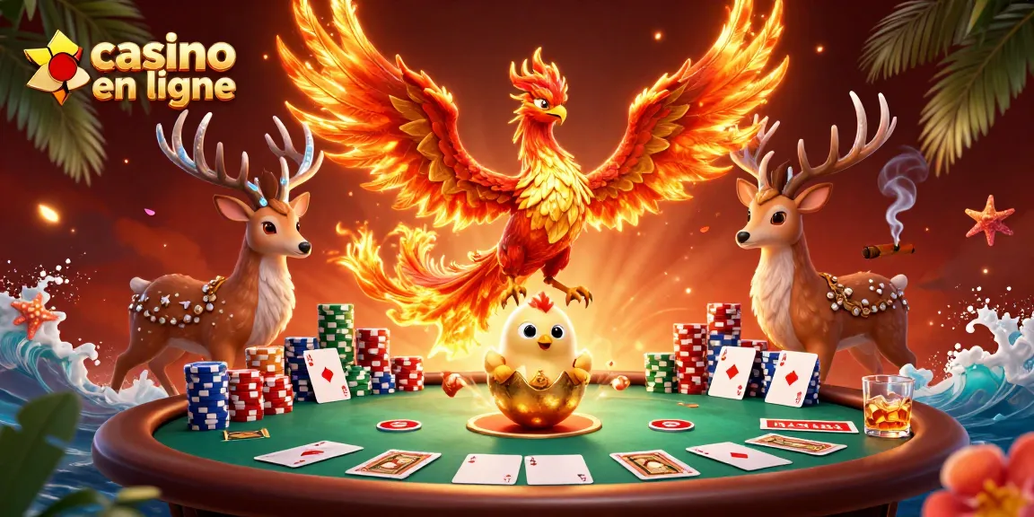 Jouer au casino en ligne avec une scène dynamique de personnages colorés et des éléments de poker.