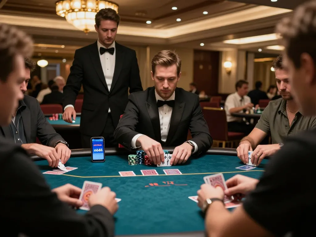 Players engaging in a strategic poker game at mb66, highlighting intense focus and high-stakes gameplay.