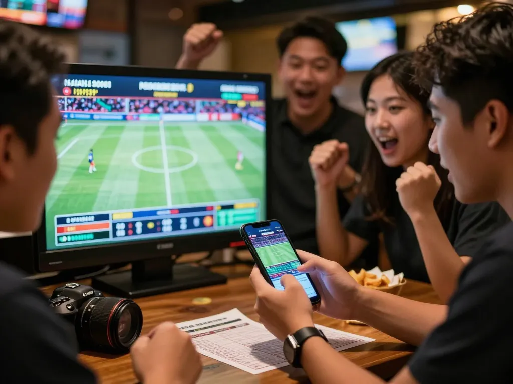 Group of friends enjoying sports betting strategies on pajaktoto displayed on a large screen.