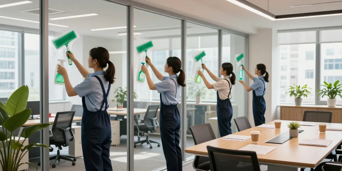 Professionelles Reinigungsteam der Gebäudereinigungsfirma Dortmund bei der Fensterreinigung in modernem Büro.
