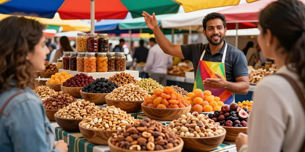 Fresh mixed nuts and dried fruits at market showcasing M98 ฝาก-ถอน options naturally, vibrant colors, vendor interactions.