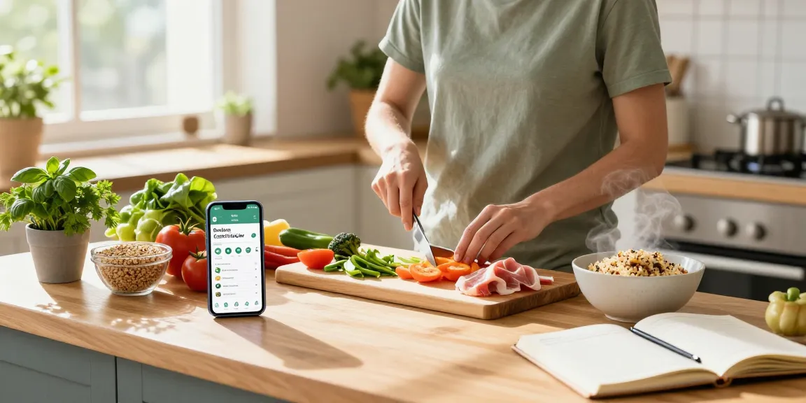 Individual joyfully preparing a nutritious meal, showcasing the best calorie tracker app for healthy cooking.