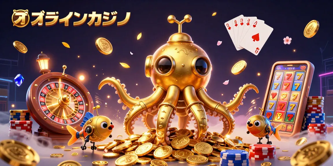 オンラインカジノで金色のクリーチャーがコインの海を航行するイラスト