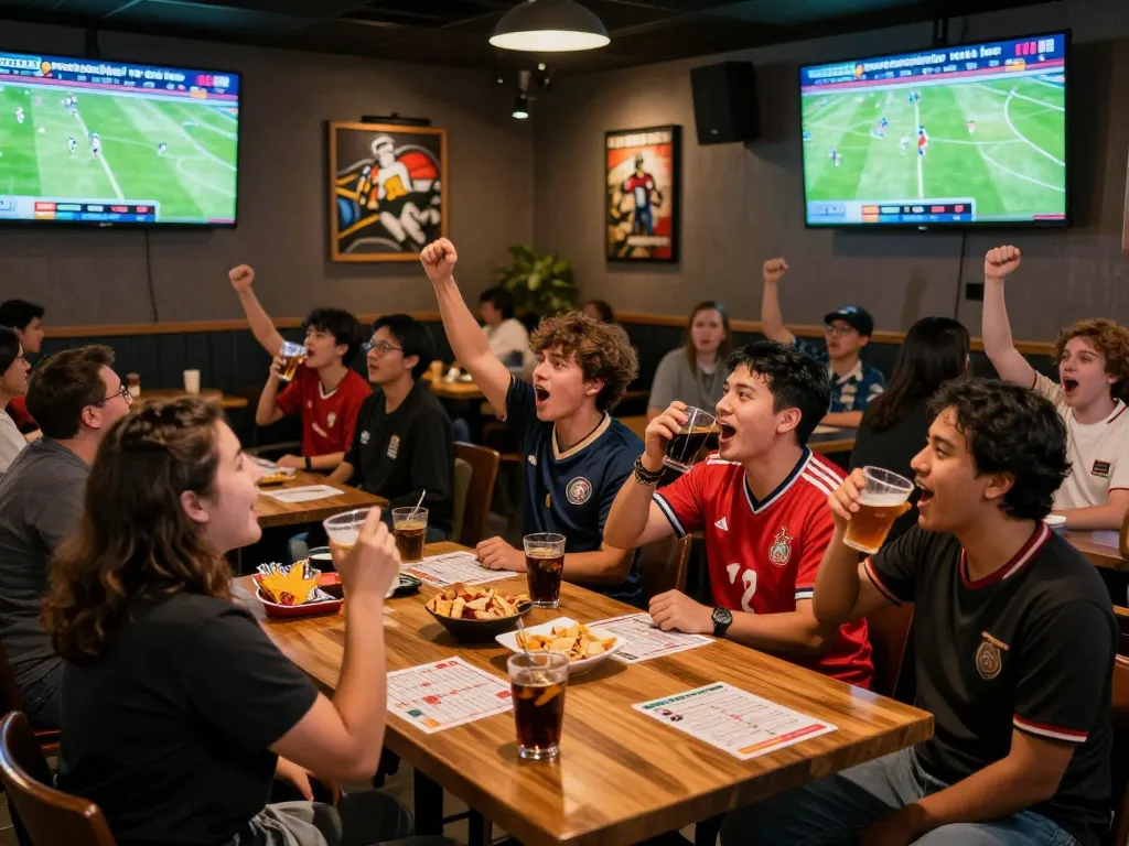 Eager fans in a sports bar engaged in nonton bola ive, celebrating live scores and updates.