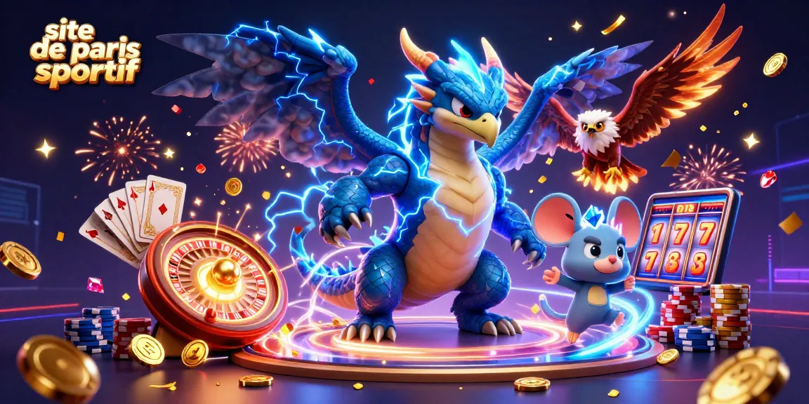 Illustration dynamique du site de paris sportif avec un dragon, un faucon et des éléments de jeu.