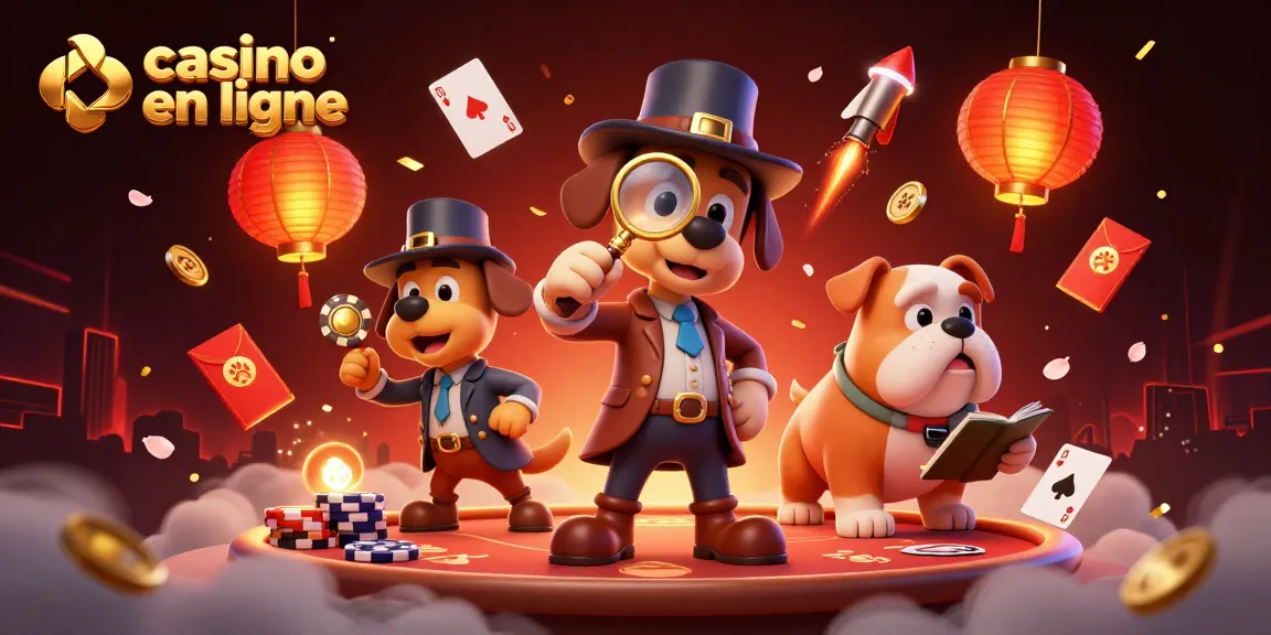 Examinez les indices d'un casino en ligne avec un détective et son bulldog dans une scène captivante.