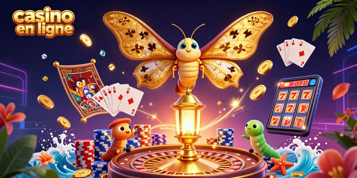 Illustration dynamique avec une mite atlas dorée et des éléments de casino en ligne en action.