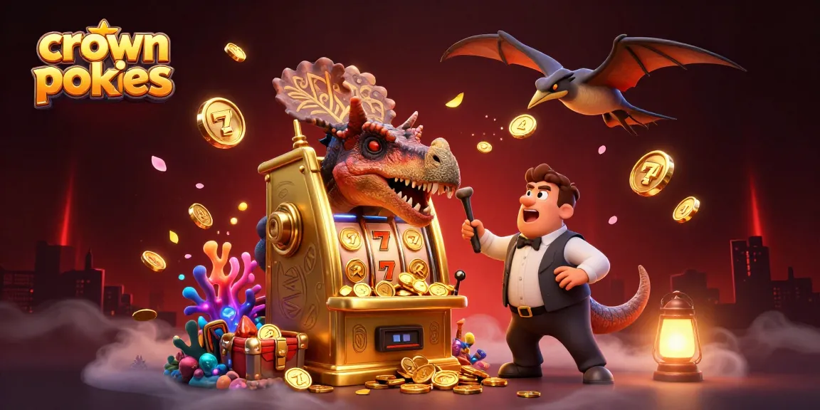 Crown pokies scene with a dinosaur and slot machine, showcasing thrilling jackpot wins amidst vibrant casino elements.