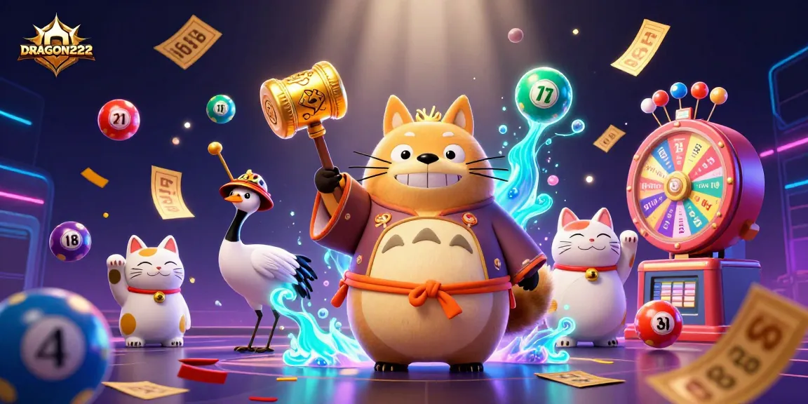 Experience epic wins with DRAGON222 in this vibrant 3D illustration showcasing colorful slot game elements.