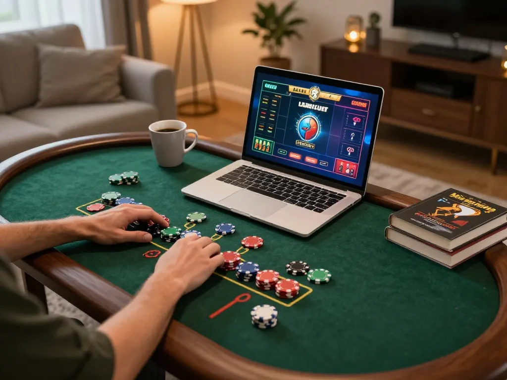 King33 player enjoying online casino experience at home with chips and laptop