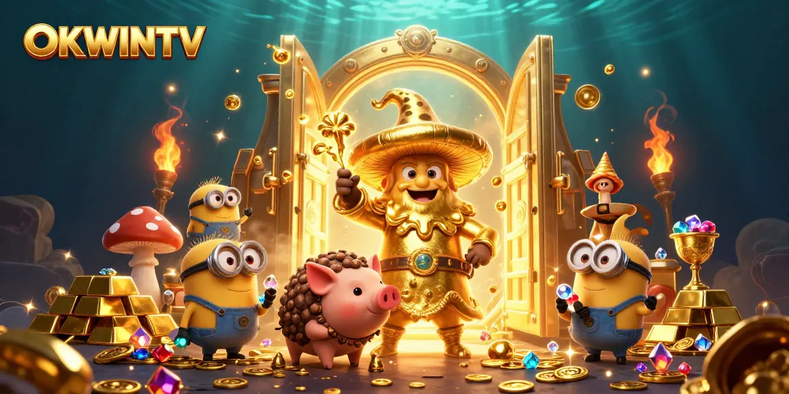 Experience the excitement of OKWINTV with enchanting treasures amidst gold magic in a vibrant scene.