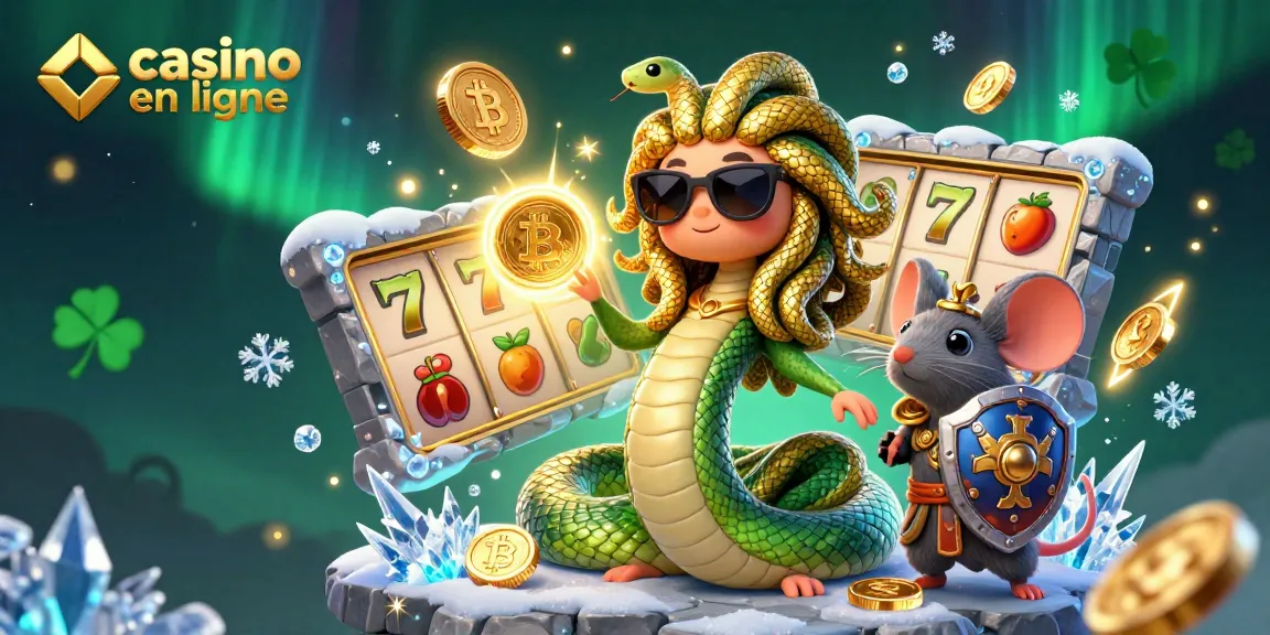 Illustration dynamique présentant une Medusa amicale et un guerrier souris autour de jeux d'argent comme casino en ligne.