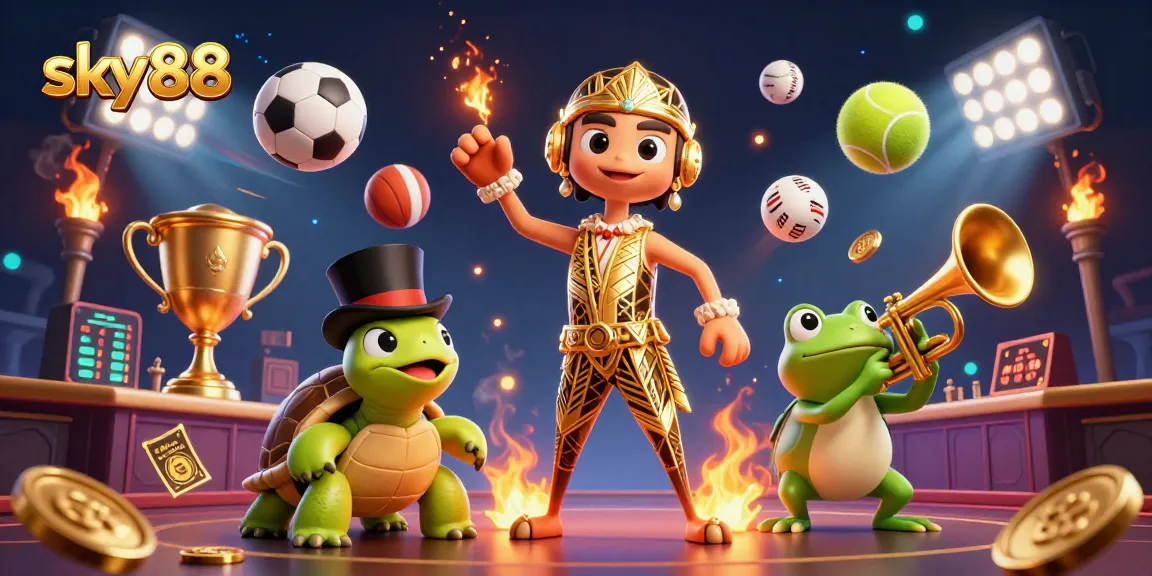 Engage at sky88 with a lively scene featuring whimsical characters and dynamic gaming elements.