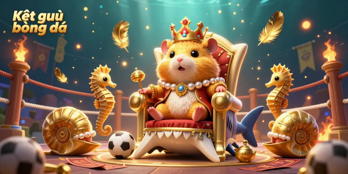 Kết quả bóng đá illustrated dynamically with a golden hamster king and sports elements in a vibrant underwater scene.