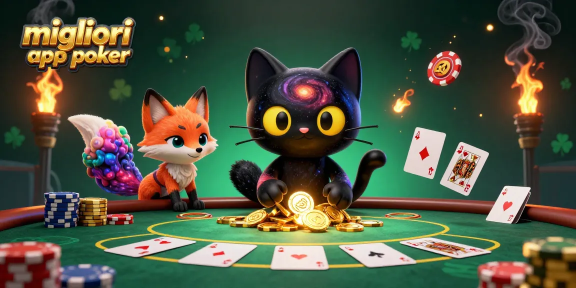 Migliori app per poker: un gatto nero gravita intorno a un tavolo da poker, attira fiches e carte.