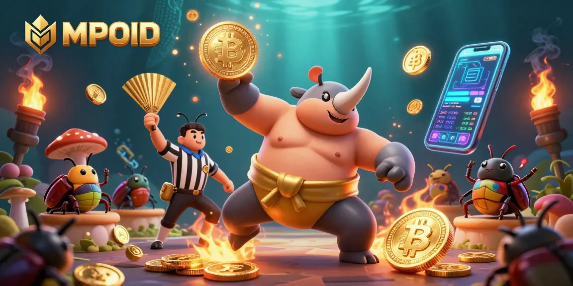 Spin the reels of MPOID's dynamic casino games amidst glowing crypto coins and vibrant characters.