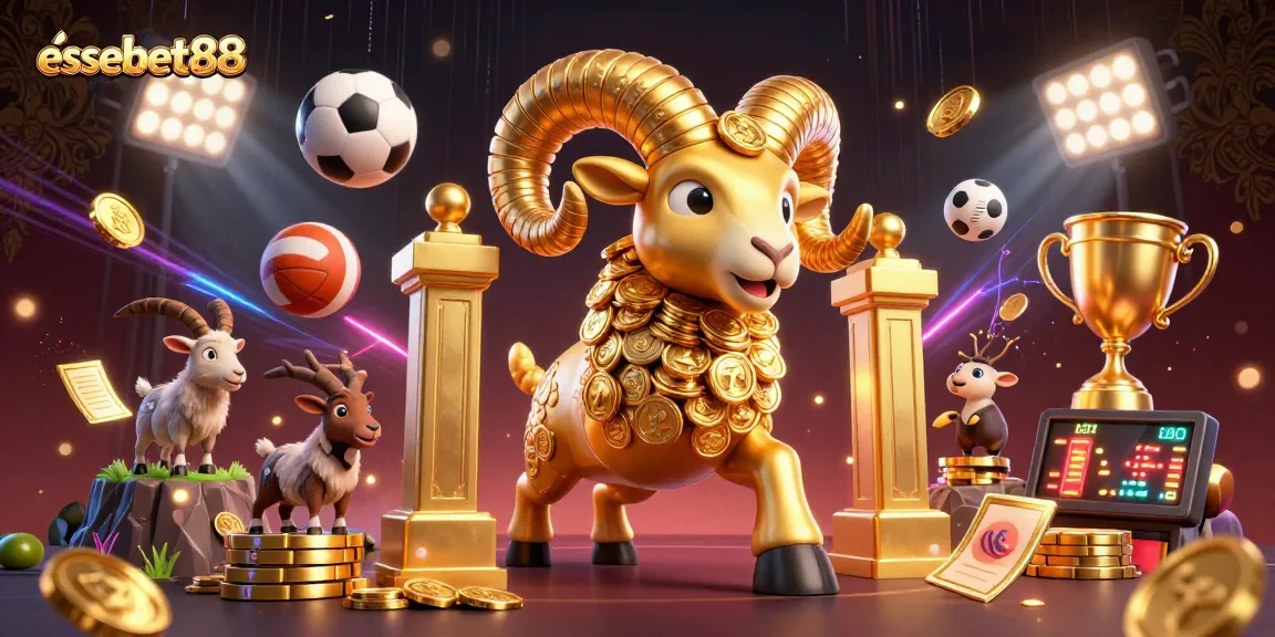Essebet88 shows a golden ram charging past sports elements in a vibrant casino scene.
